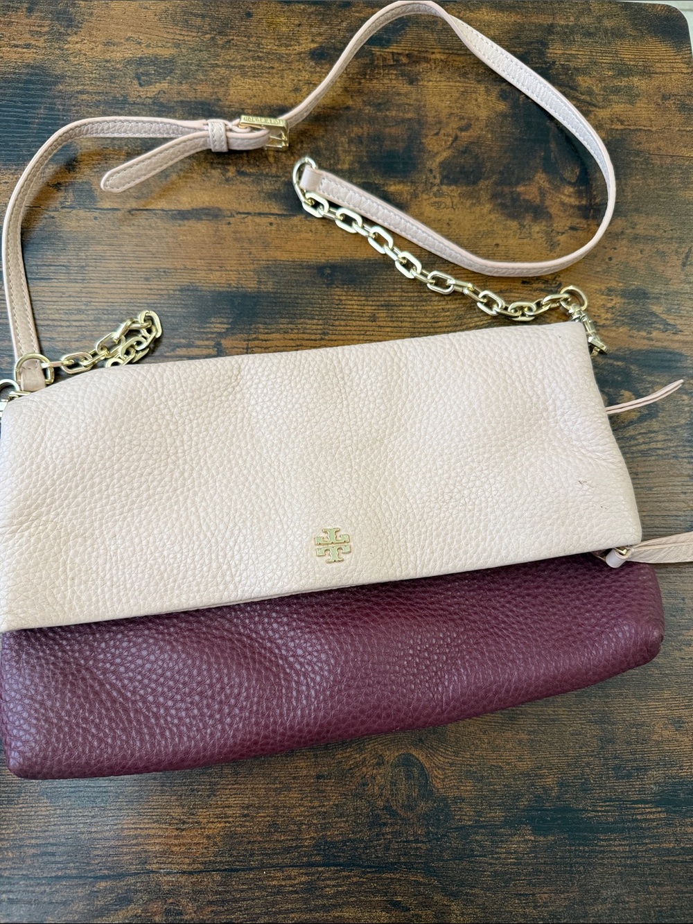 Tory Burch Two-Tone Pebbled Leather Crossbody - Blush & Burgundy